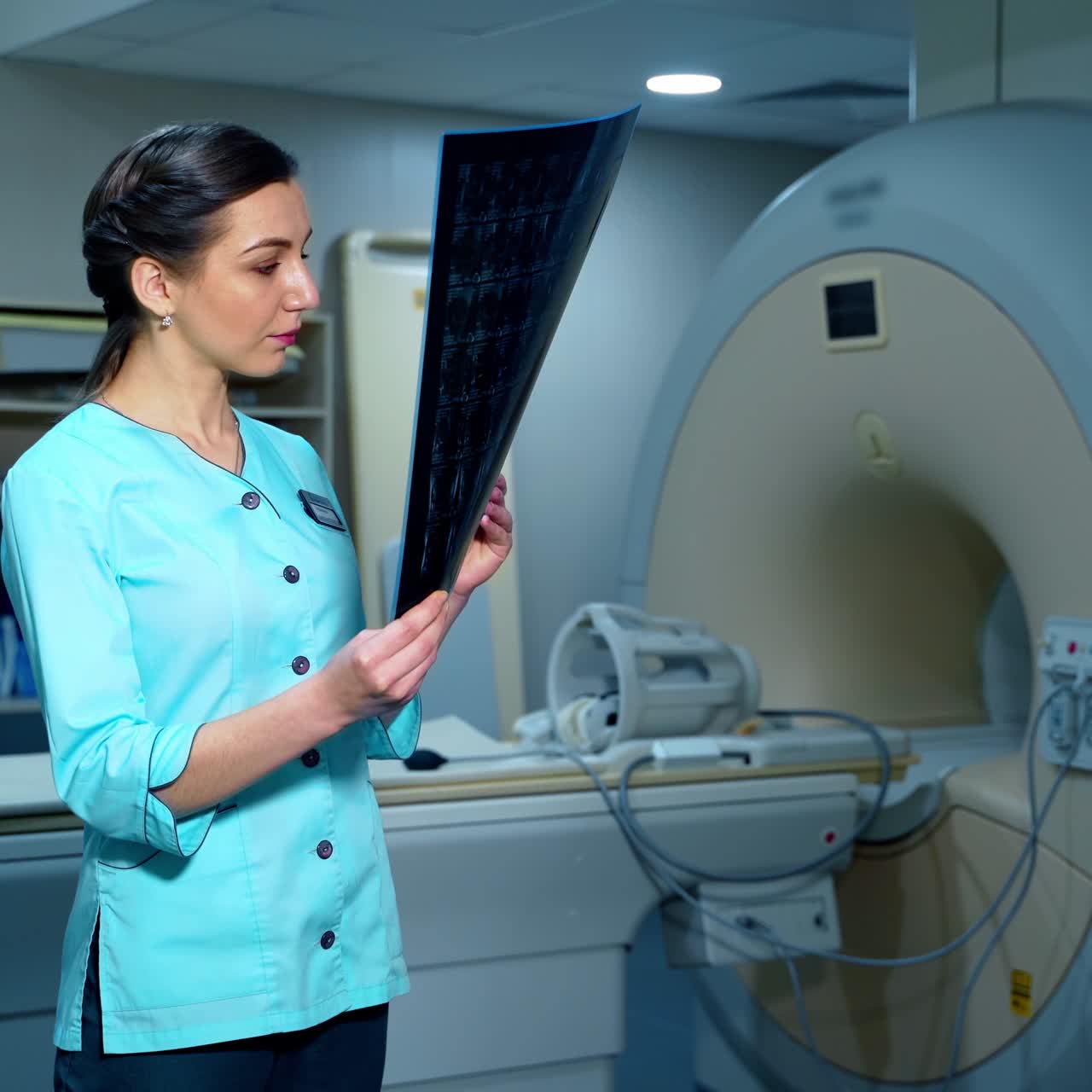 Female doctor examining x-ray photo. Beautiful medic standing in the modern clinic and looking at radiology scan. Advanced equipment in the hospital.