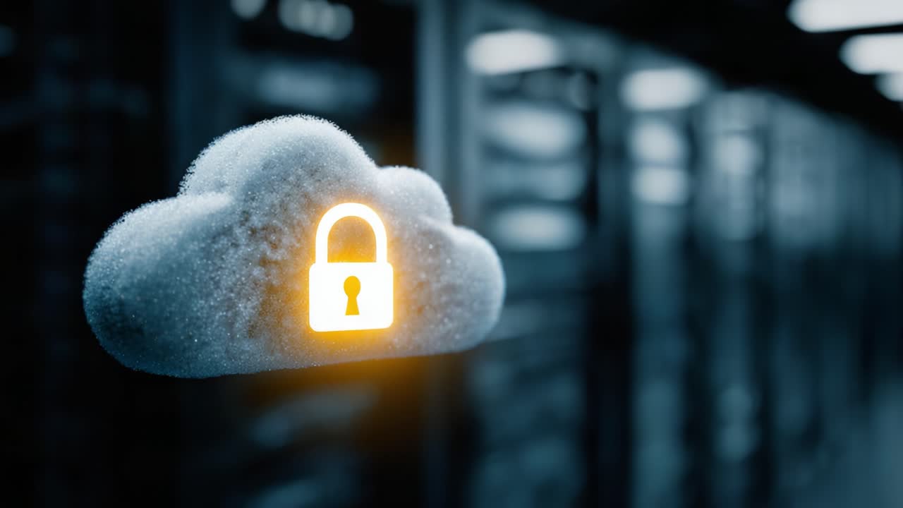 A Visual Representation of Cloud Security Featuring a Lock Icon Within a Cloud, Set Against a Dimly Lit Server Background Emphasizing Data Protection and Privacy