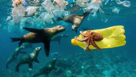 underwater life struggles with marine pollution: seals and an octopus encountering plastic waste in their habitat