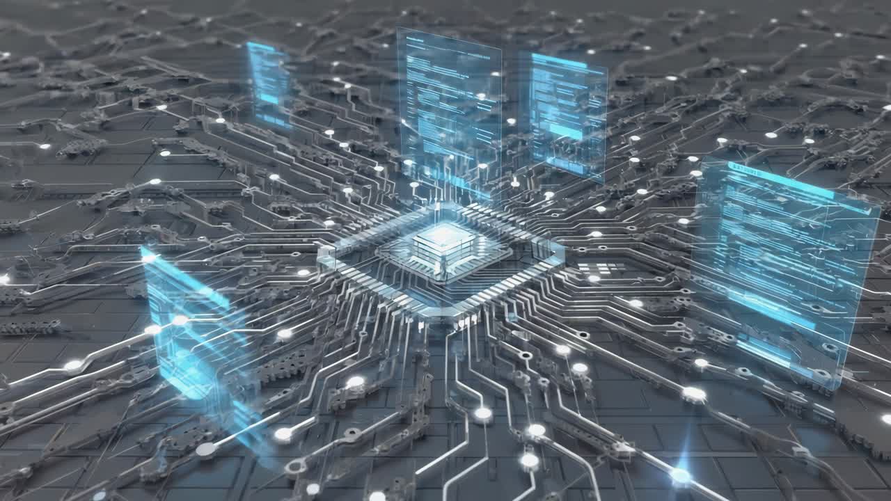Advanced CPU Processing on a Futuristic Circuit Board with Holographic Data