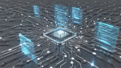 advanced cpu processing on a futuristic circuit board with holographic data