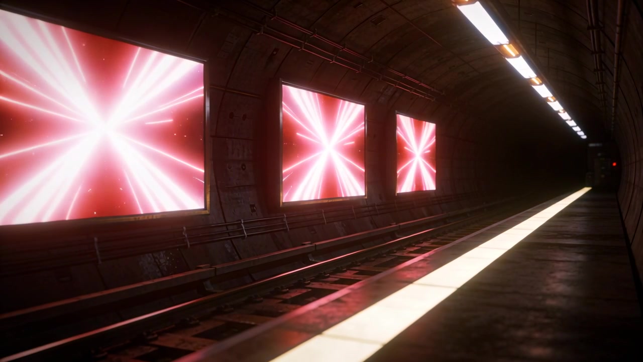 Tre pannelli lampeggianti che passano dal bianco a vivaci forme radiali su una banchina della metropolitana, illuminando i binari.