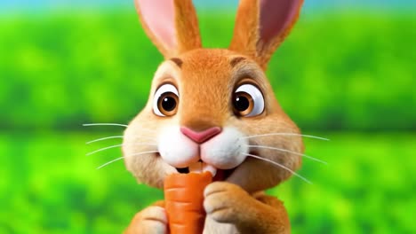 a playful animated rabbit happily munches on a bright orange carrot against a vibrant green background, showcasing its endearing expressions and fluffy features.