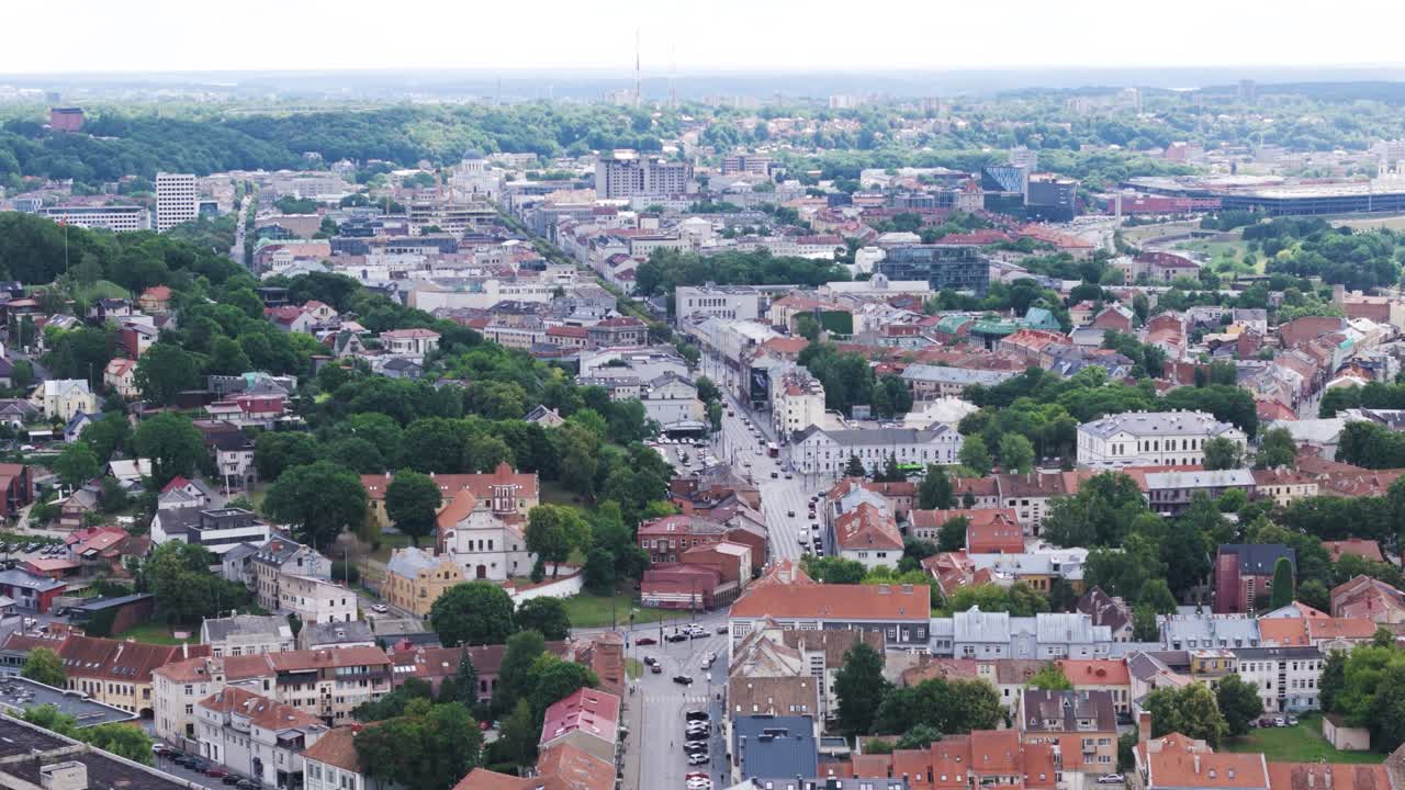 City center of Kaunas, Lithuania, aerial drone fly forward view