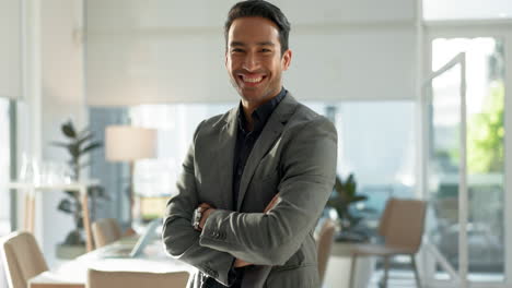 crossed arms, happy and business asian man