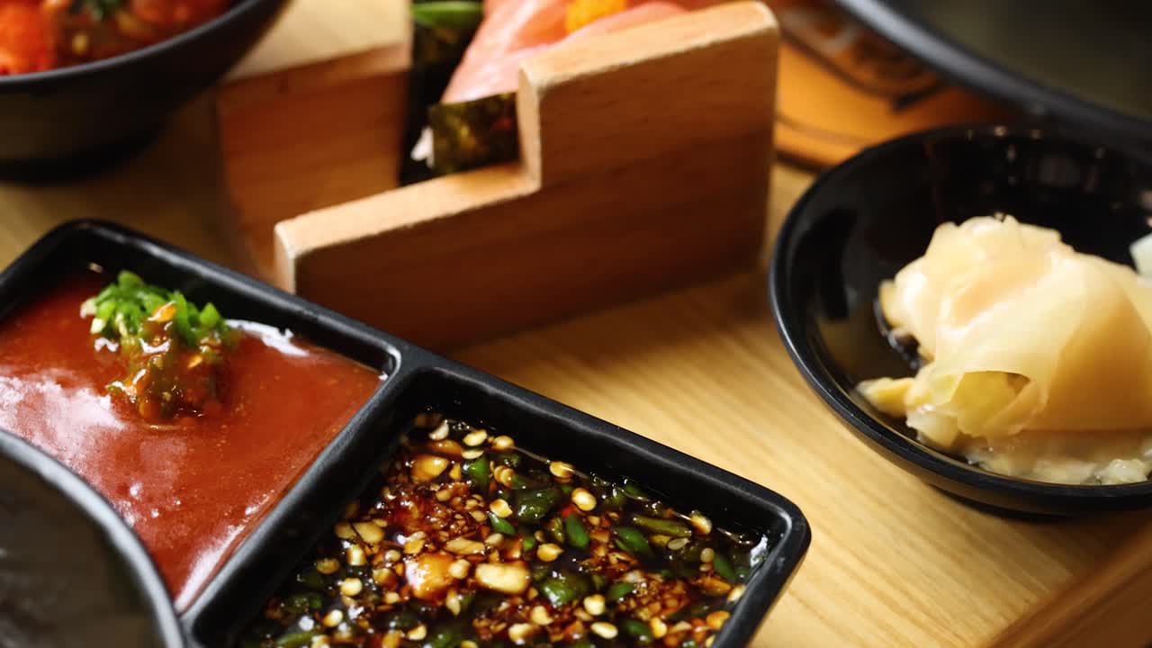 Close-up rotating shots of spicy salmon sashimi salad, fried rice, dipping sauces, and garnish