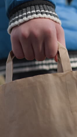 primer plano de una persona con ropa azul sosteniendo una bolsa de compras, con el follaje de otoño borroso y el fondo residencial, capturando un momento de simplicidad y vibrante atmósfera estacional