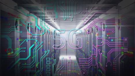 Animación-De-Texto-5g,-Placa-De-Circuito-Y-Procesamiento-De-Datos-A-Través-De-Servidores-Informáticos