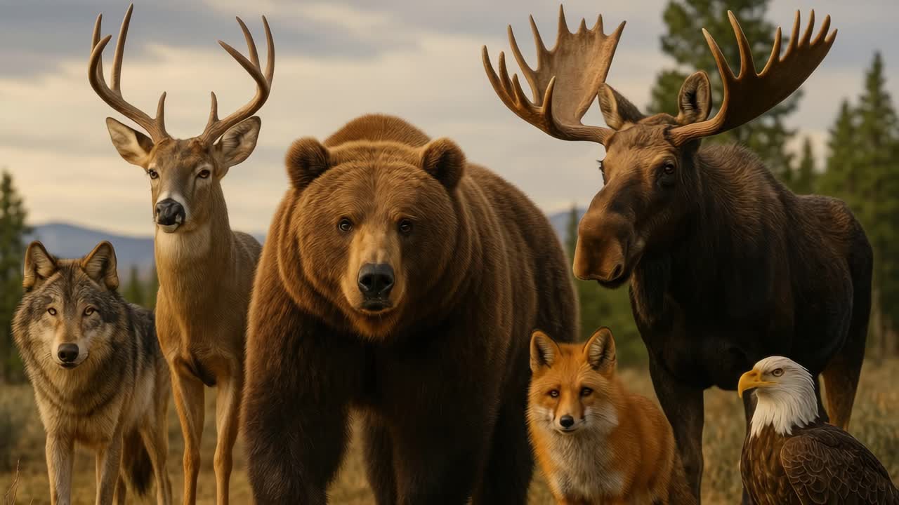 Front-facing angle captures a bear, moose, wolf, fox, deer, and eagle in a forest setting