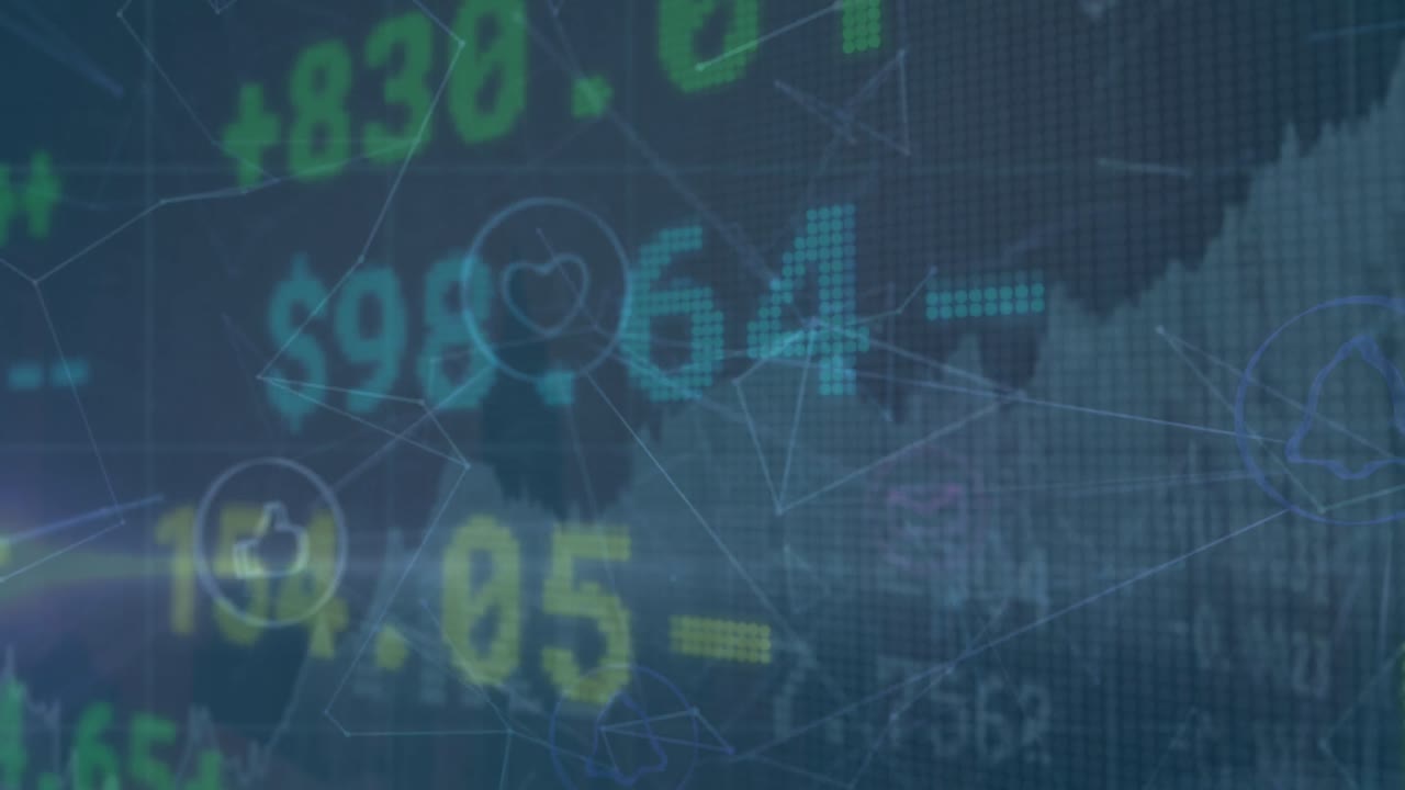 Animation of stock market over network of connections on green background cityscape