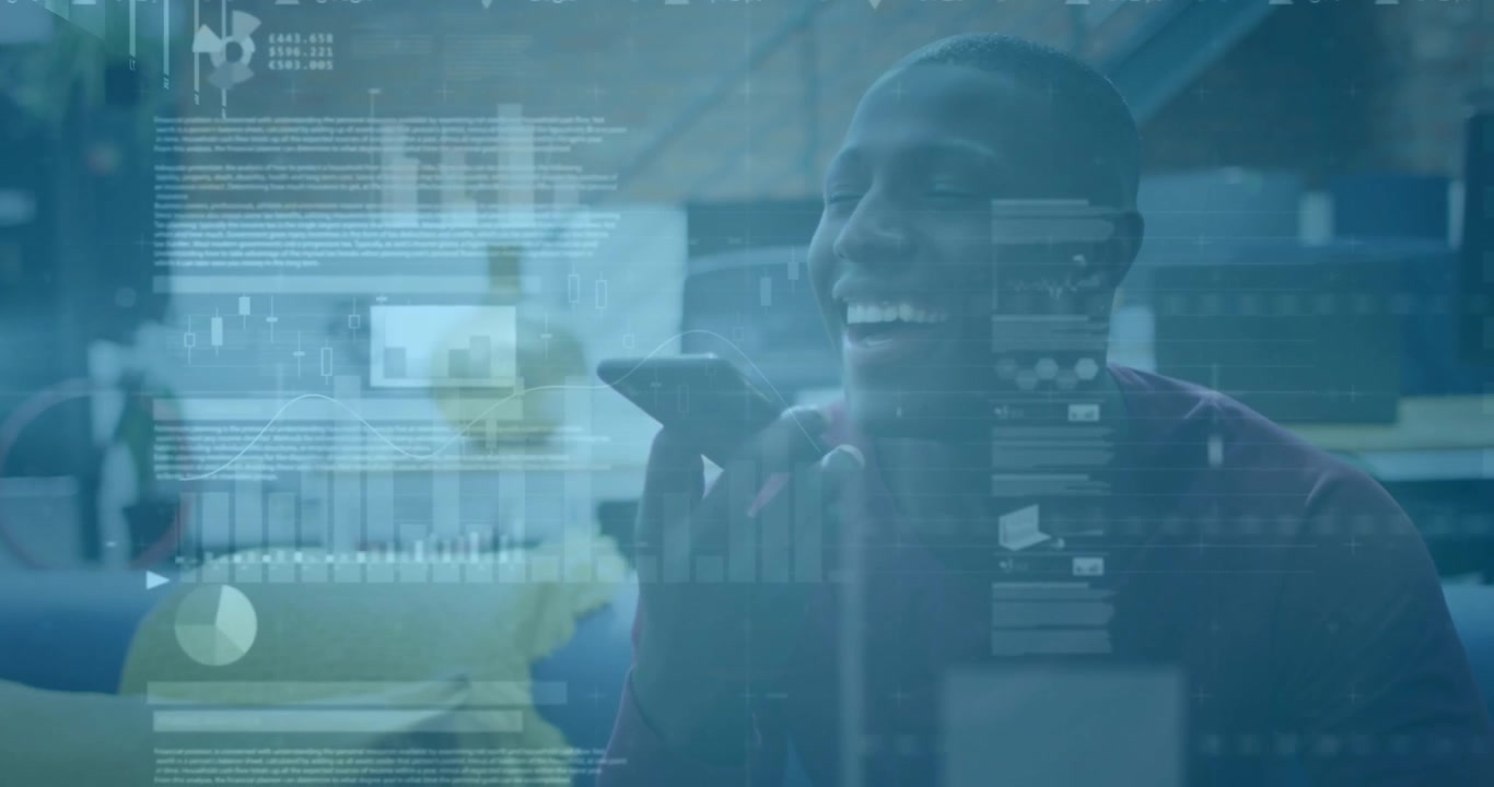 Animation of financial data processing over african american businessman using smartphone