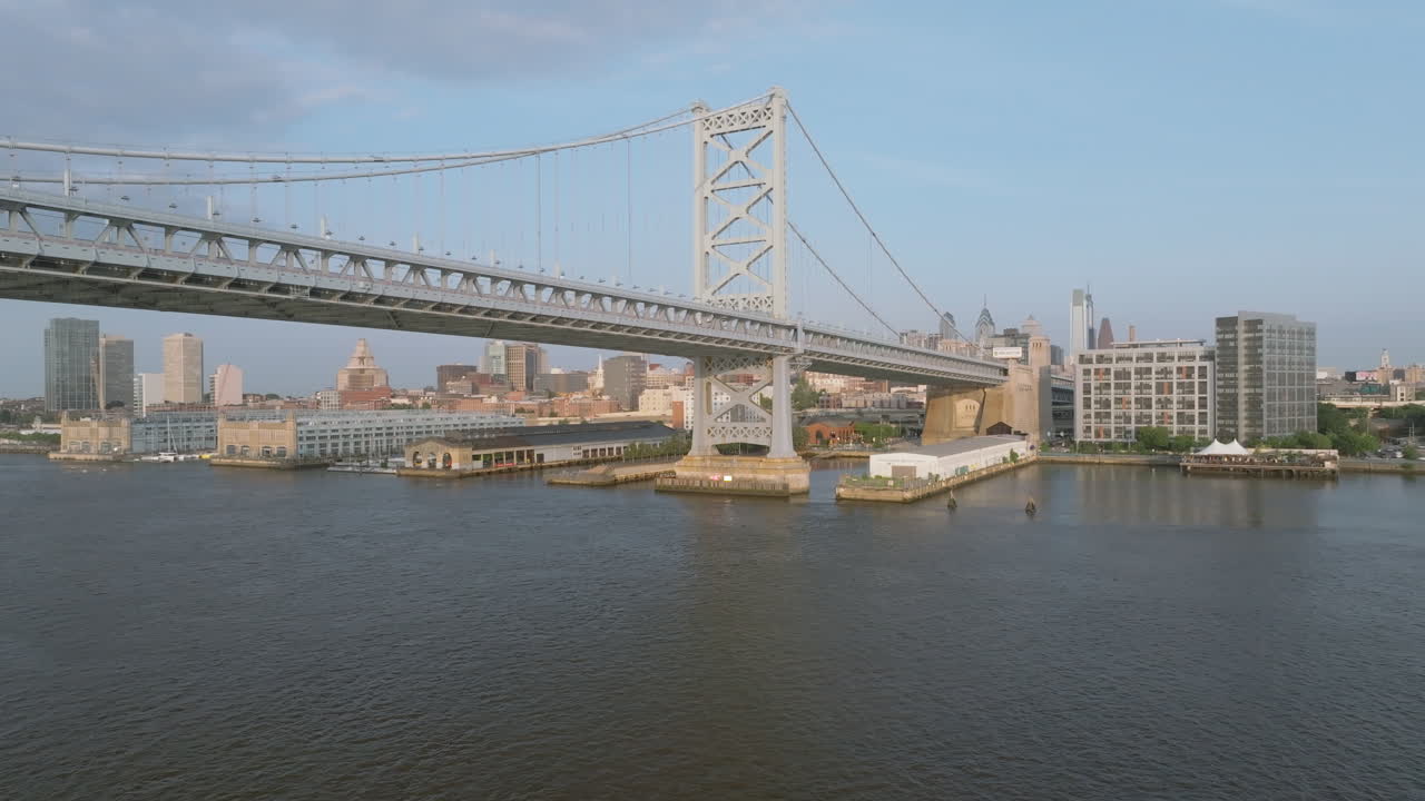 Establishing shot of Philadelphia's Ben Franklin Bridge. Shot on a summer morning
