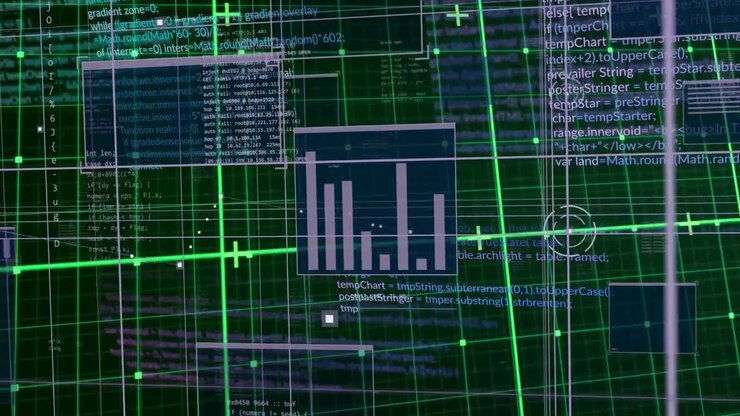 Bar-chart panel staying visible as camera drifting right and forward, revealing overlapping panels