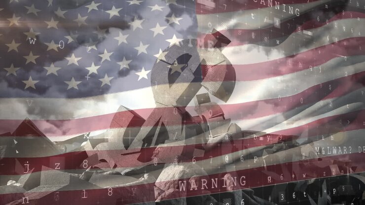 American flag waving against broken Dollar symbol