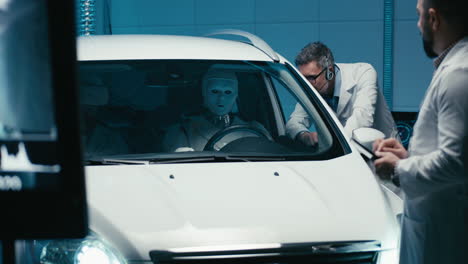 robot testing a self-driving car in a laboratory setting