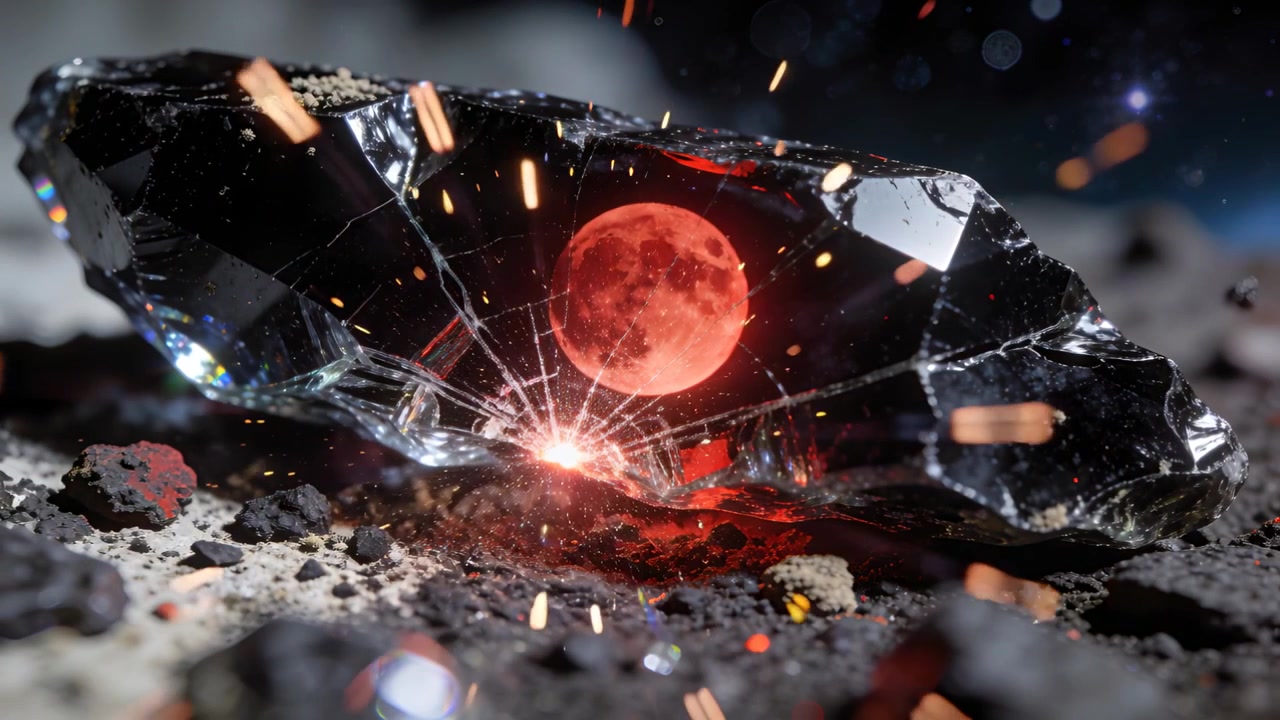 Scheggia che si spezza da un punto luminoso che emerge dal terreno, espellendo scintille e rivelando una luna rossa.