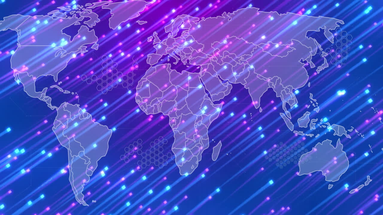 conexiones de red global y animación del flujo de datos sobre el mapa del mundo