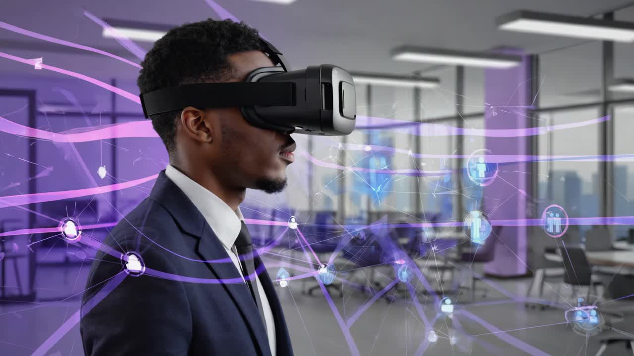 Man in VR Headset Experiencing Virtual Reality in an Office Setting
