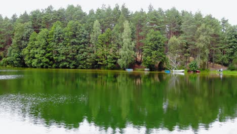 Drone-Volando-Sobre-El-Agua-Verde-Del-Lago-Tranquilo-Con-Vistas-Al-Exuberante-Bosque-Verde-De-Coníferas-En-Pradzonka,-Polonia