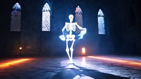 glowing skeleton in a church