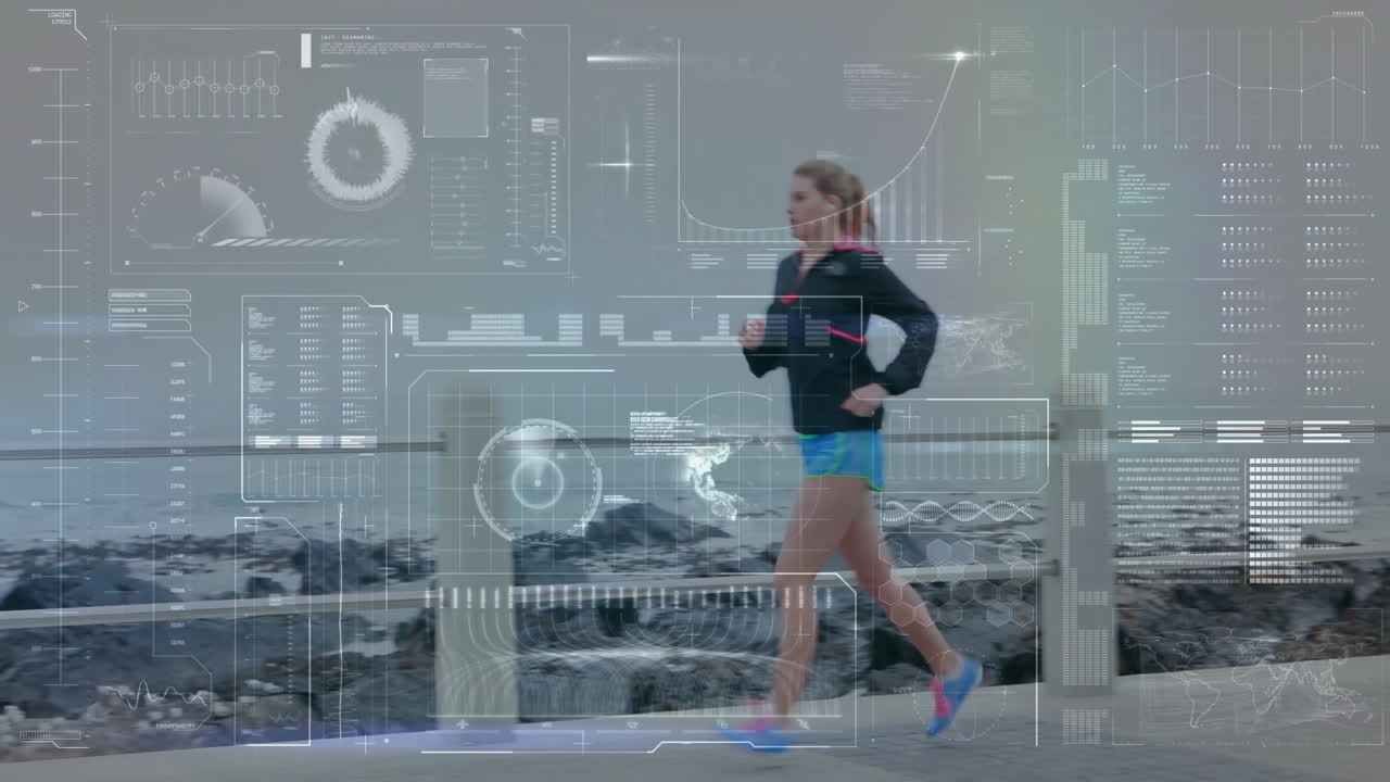 Woman jogging along rocky shoreline with digital data overlay animation