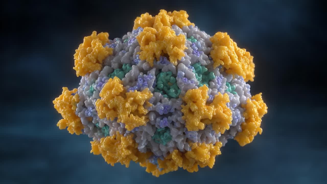 High-Resolution Visualization of a Viral Structure Showcasing Detailed Protein Arrangement and Colorful Surface Features in Microscopic Representation