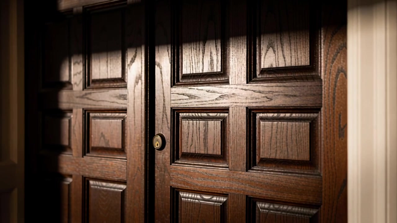Zooming out camera pulling back in foyer, revealing double doors with round lock showing wood grain