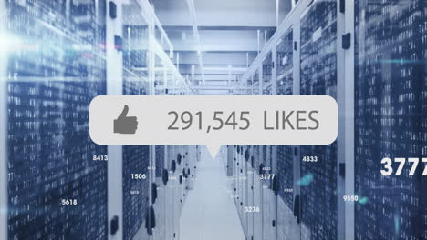 Animation of like icon with increasing numbers and numbers floating against computer server room