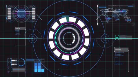 animation of scope scanning and data processing with world map and grid on black background