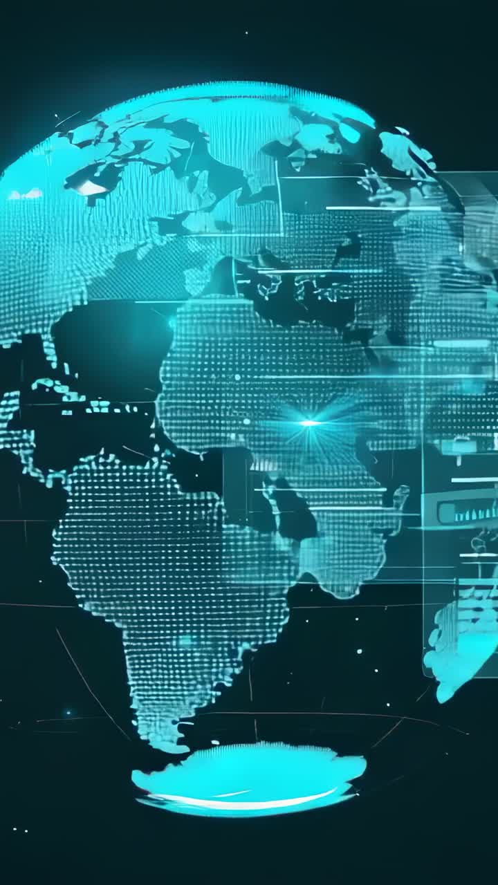 Vertical video: Materializing holographic Earth globe in virtual space with rotating data panels