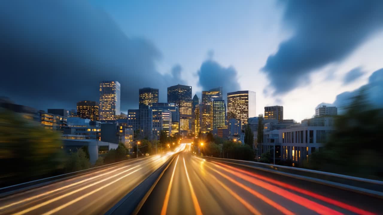 Stunning Urban Skyline Transformation from Day to Night Showcasing Dynamic City Lights and Dramatic Cloudy Skies in a Vibrant Metropolitan Landscape