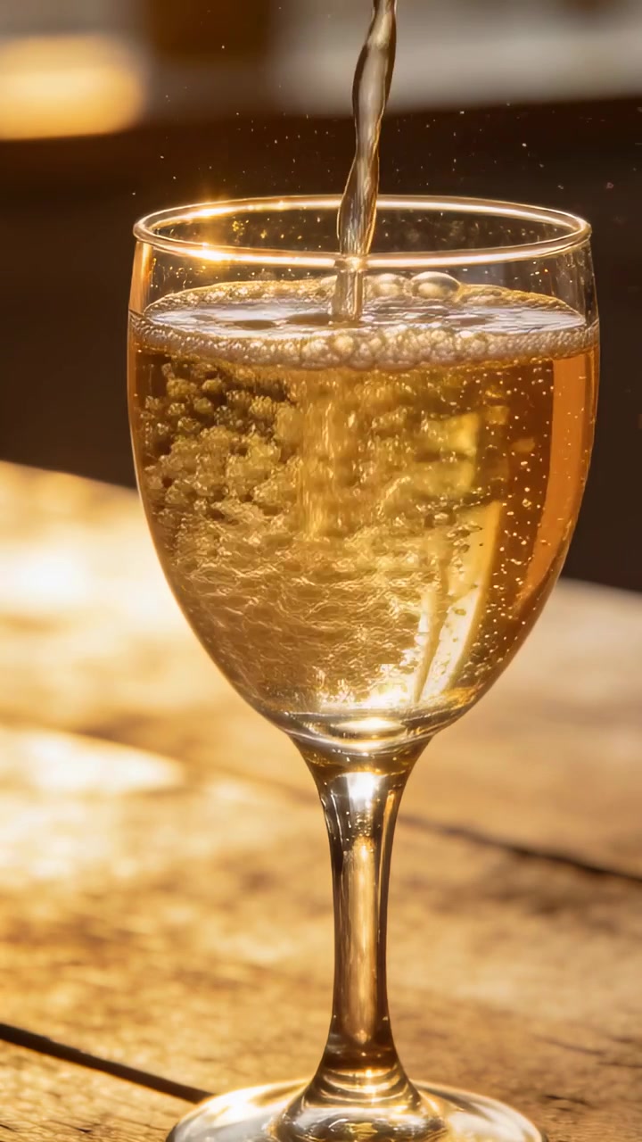 Bicchiere con stelo che si riempie per una mescita da bar con un sottile getto dall'alto, bollicine che si addensano e salgono, e un bagliore di luce.