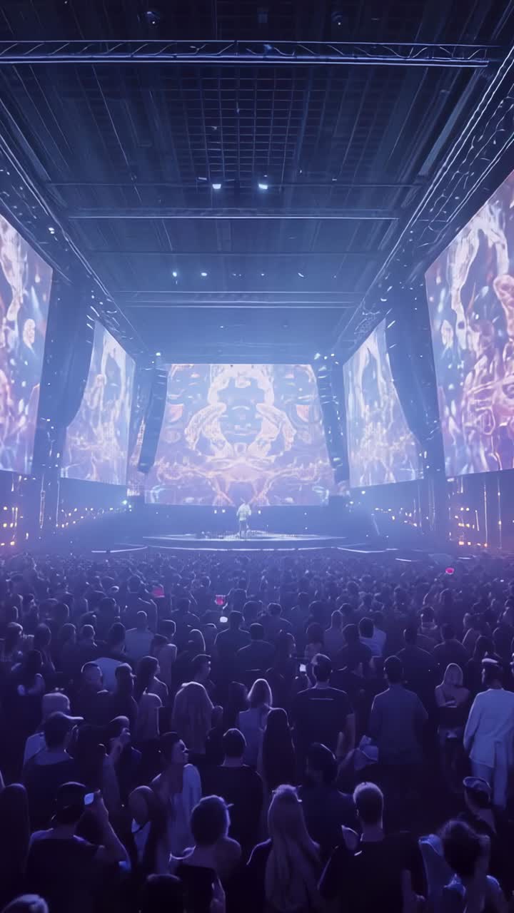 Vertical video: Stepping performer in white prompted by light cue with pulsing LED screens onstage