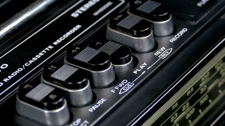 Pushing Play Button on a Vintage Tape Recorder