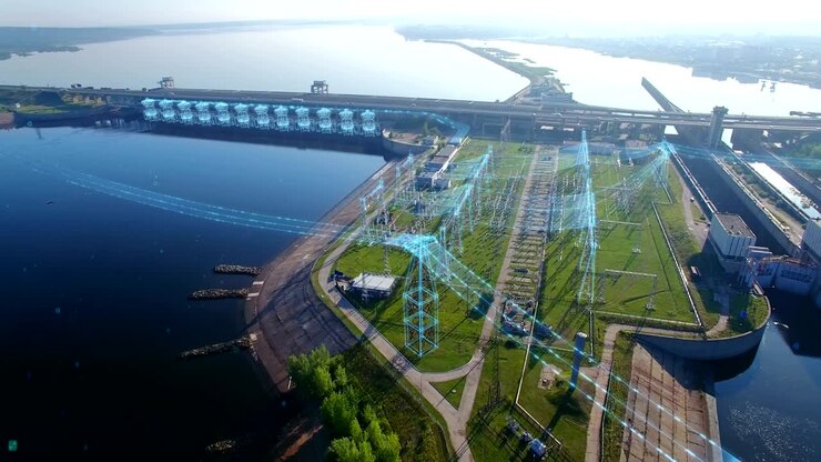 Overall aerial orbit view a high voltage electric power tower, hydroelectric power station and electric substation with infographic power flows motion graphics. Tall pylons and hog voltage cables.