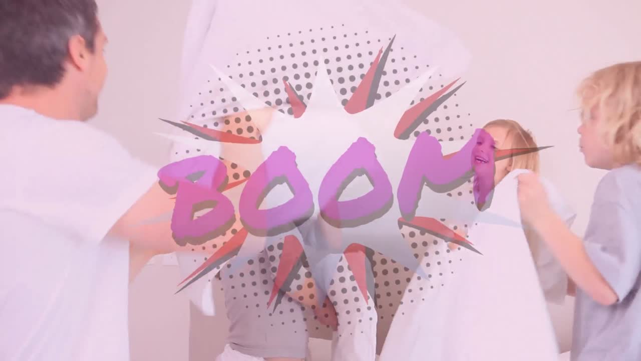 두 자녀와 함께 백인 부모와 베개 싸움을 하는 레트로  ⁇  텍스트의 애니메이션