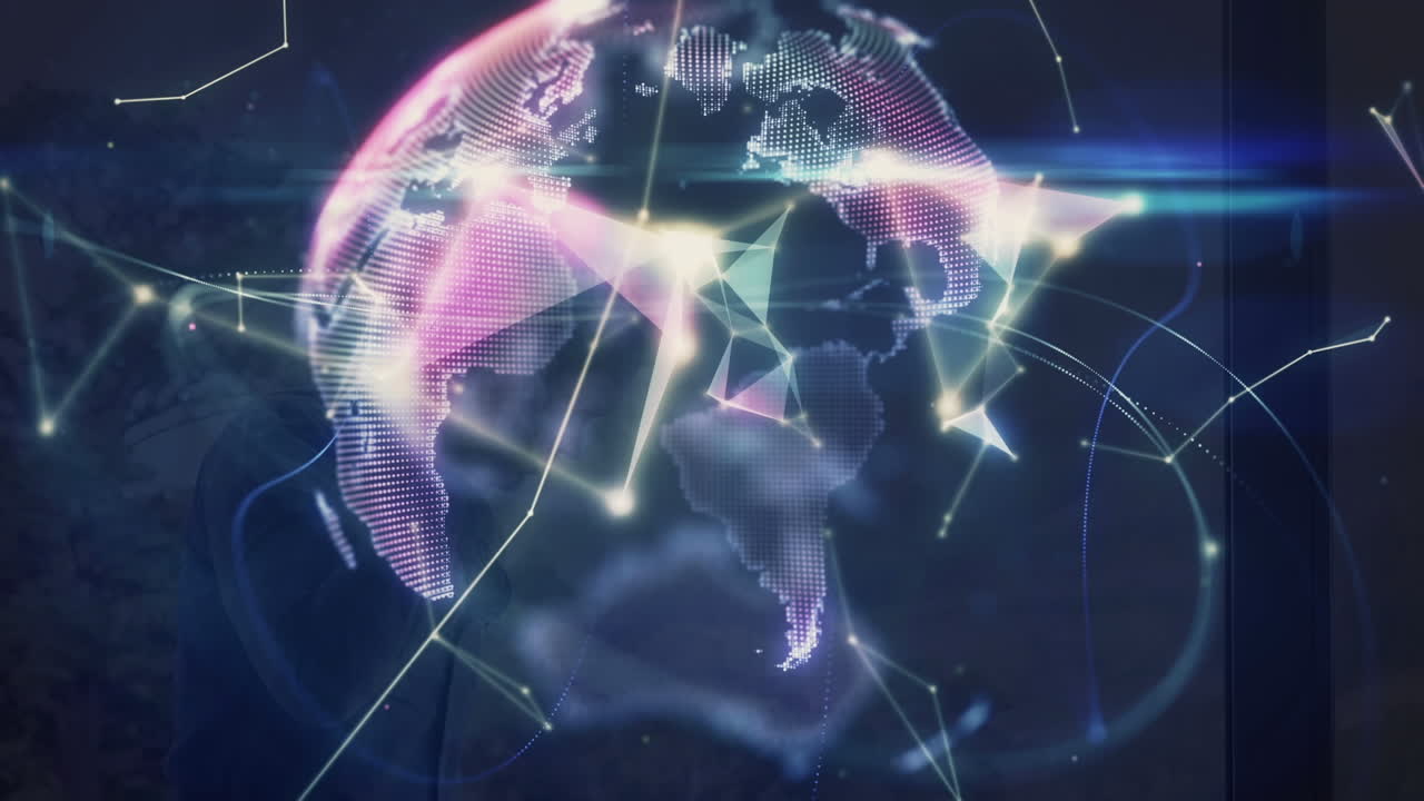 Animation of globe and shapes over caucasian man using smartphone