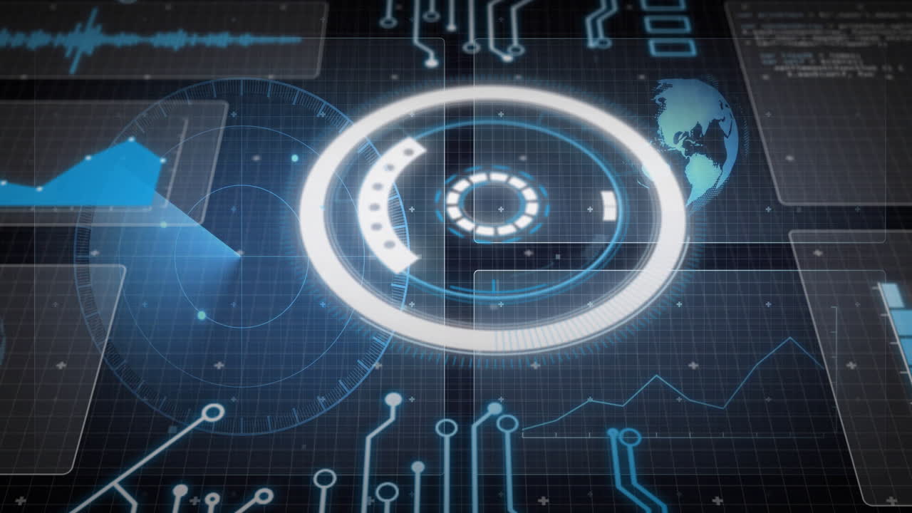 Animation of futuristic interface with circular graphics and world map elements