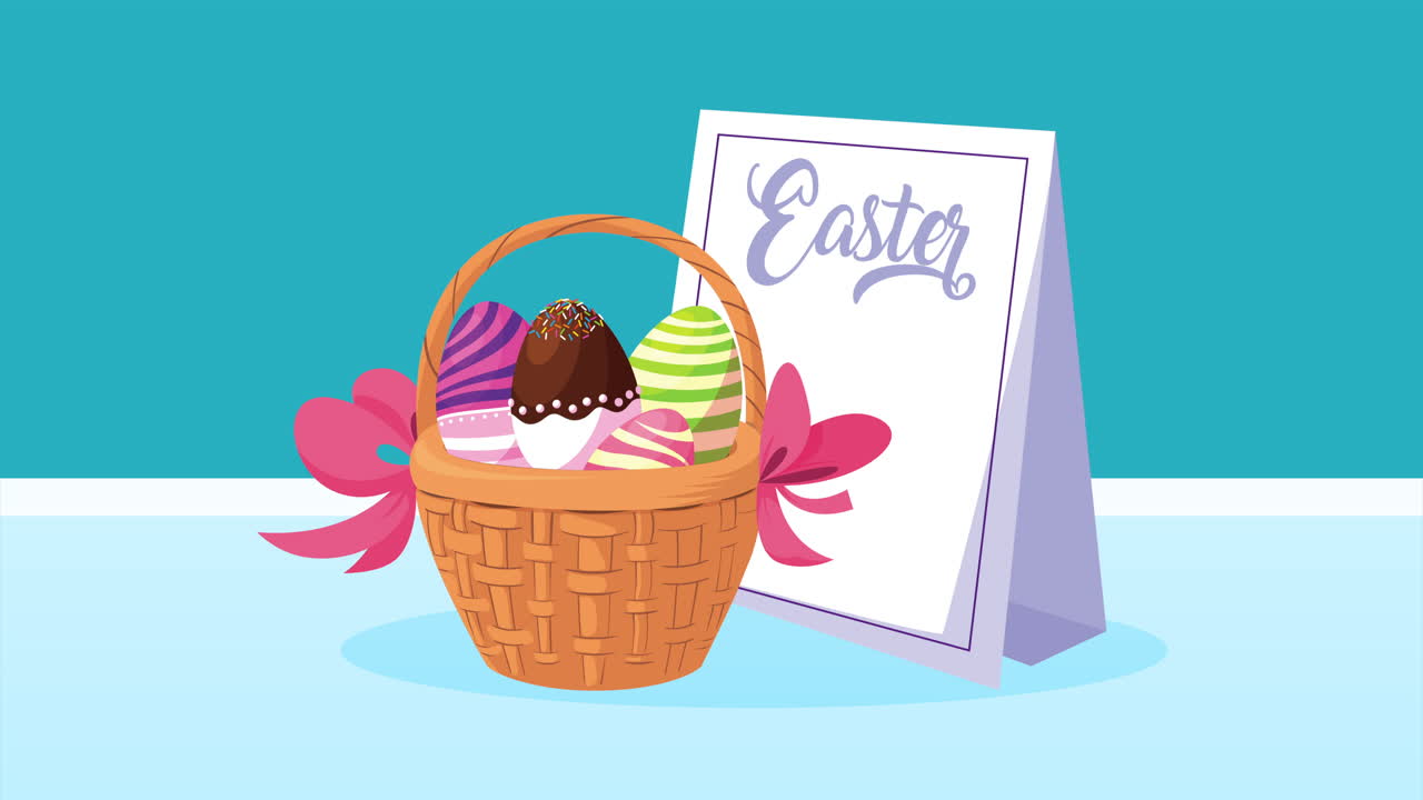 바구니에 칠한 달의 라벨에 이스터 축하 글자