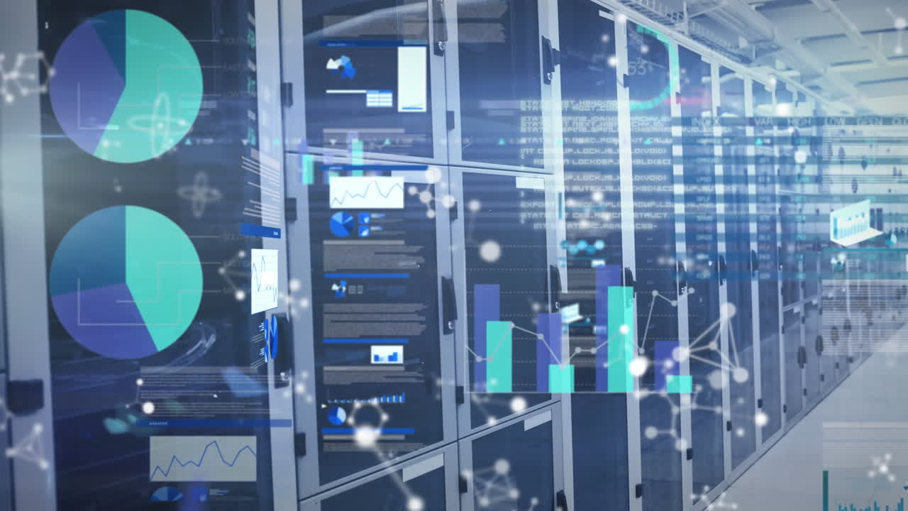 Animation of graphs, computer languages and molecules moving over server room