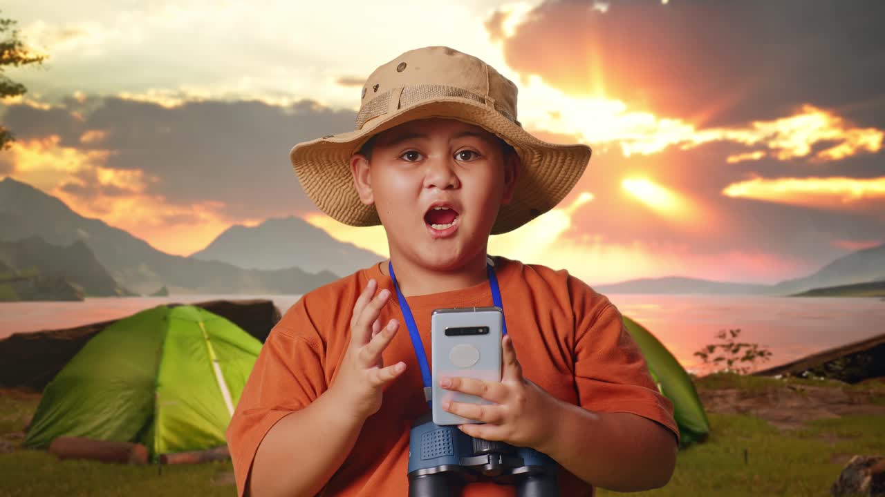 Excited Boy with Smartphone and Binoculars at Sunset Camping