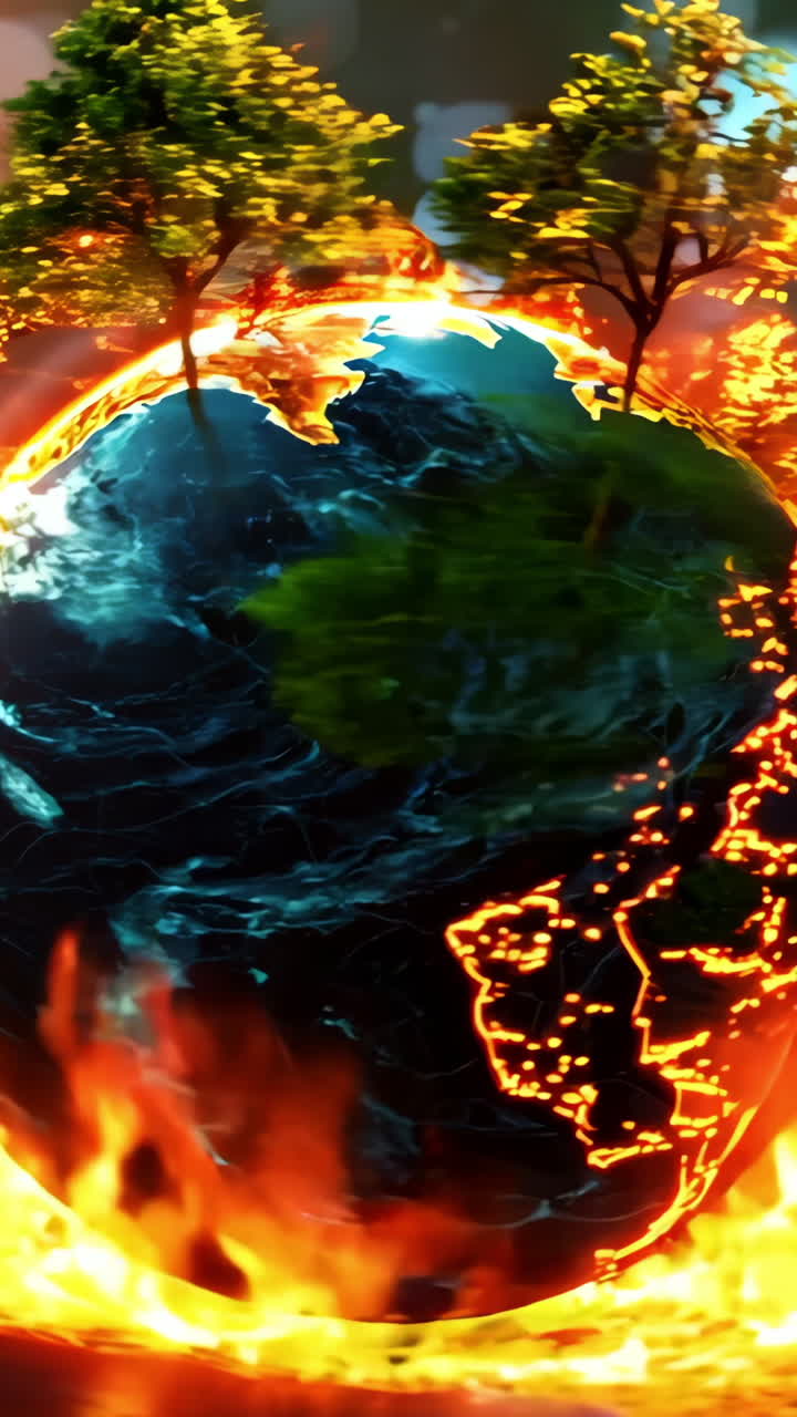 A fire is burning on a globe. The globe is surrounded by water