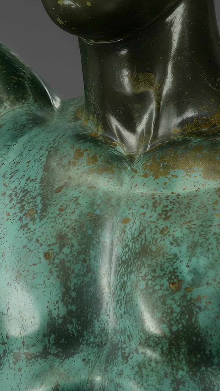 Vídeo vertical: luces que cambian mientras la cámara hace zoom en el torso de una escultura en un estudio, mostrando los detalles de la superficie