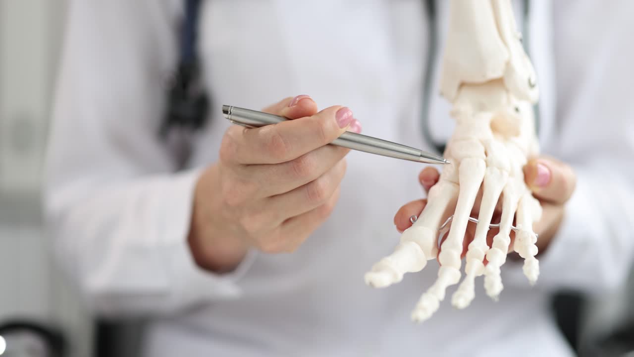 Doctor points at foot skeleton model during anatomy consultation