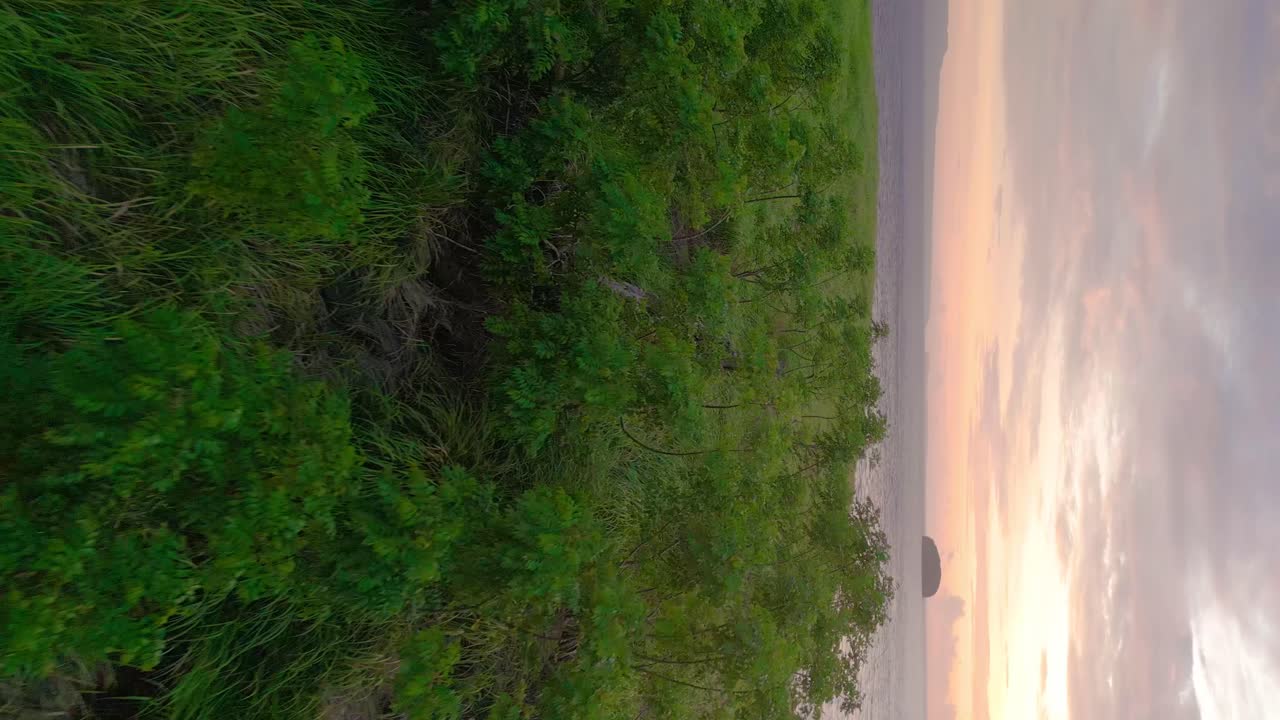 sobrevuelo de acantilado de las tierras altas tropicales al horizonte del mar al atardecer, toma vertical de fpv con dron