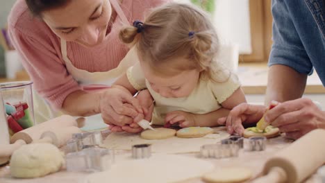 handheld view of family decorating cookies for easter