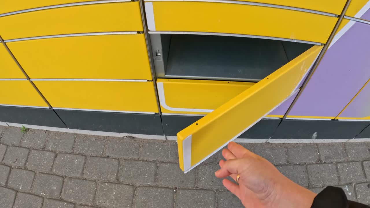 Closing yellow door of parcel sending and recieving machine, POV