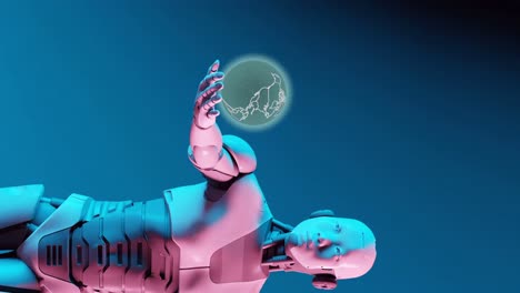 3D-Animationsdarstellung-Eines-Humanoiden-Futuristischen-Cyberroboters,-Der-Den-Planeten-Erde-In-Der-Hand-Hält-Und-Fragen-Zu-Gott-Und-Der-Existenz-Im-Gesamten-Universum-Stellt