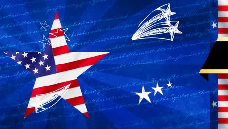 animation of star in colours of usa flag and blue striped background with writings