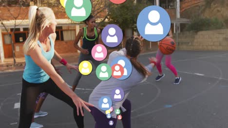 animation of social media icons over diverse basketball players